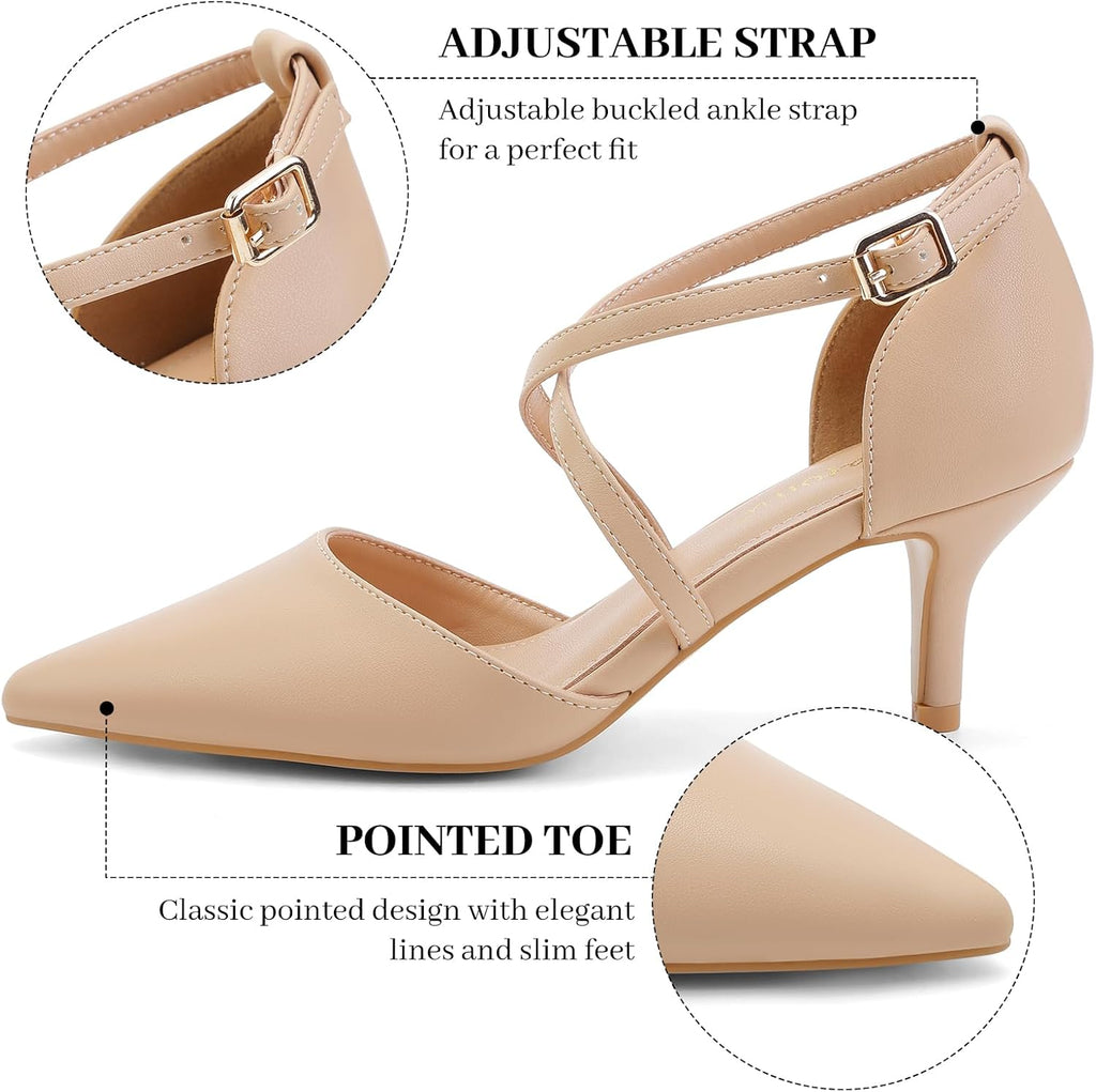 Chic Women's Kitten Heels - Closed Pointed Toe Cross Strap Pumps for Weddings, Parties, and Office Wear