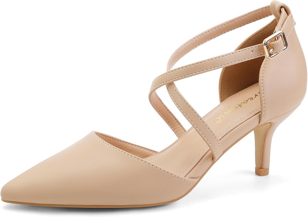Chic Women's Kitten Heels - Closed Pointed Toe Cross Strap Pumps for Weddings, Parties, and Office Wear