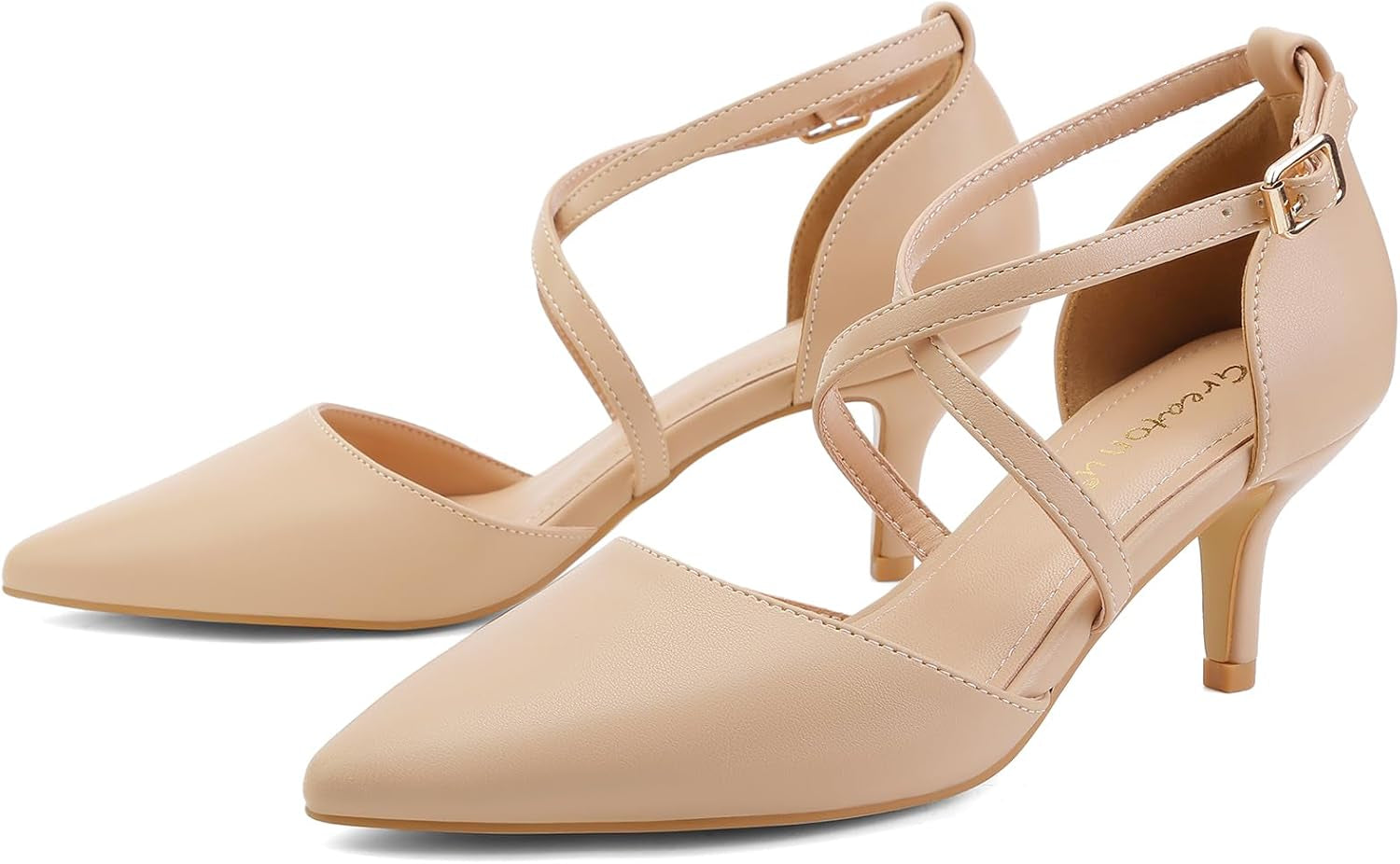 Chic Women's Kitten Heels - Closed Pointed Toe Cross Strap Pumps for Weddings, Parties, and Office Wear